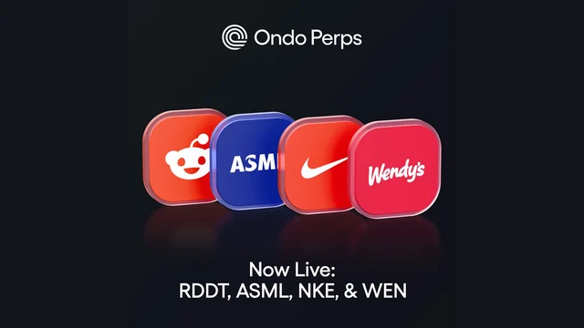 Ondo Perps graphic with tiles for Reddit, ASML, Nike and Wendy's and the words Now Live: RDDT, ASML, NKE and WEN on a dark background
