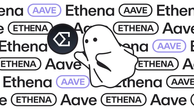 The Aave ghost mascot and the Ethena logo over a pattern of repeated Aave and Ethena wordmarks