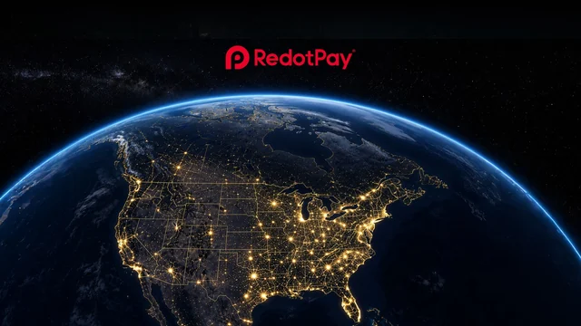 RedotPay logo above a night-time satellite view of the United States