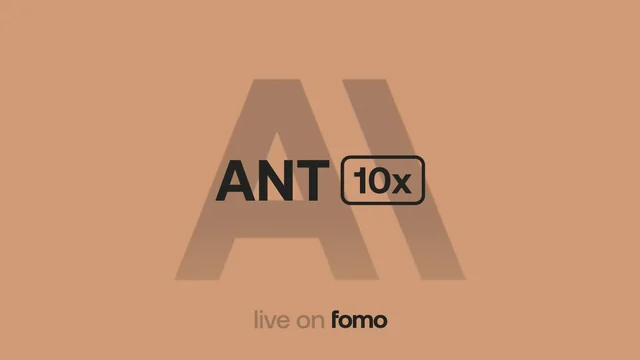 Tan square card with the words ANT 10x and live on fomo