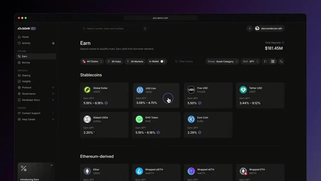 The Aave Pro Earn page in a browser window, listing stablecoins such as USDC and GHO with their earn APY ranges