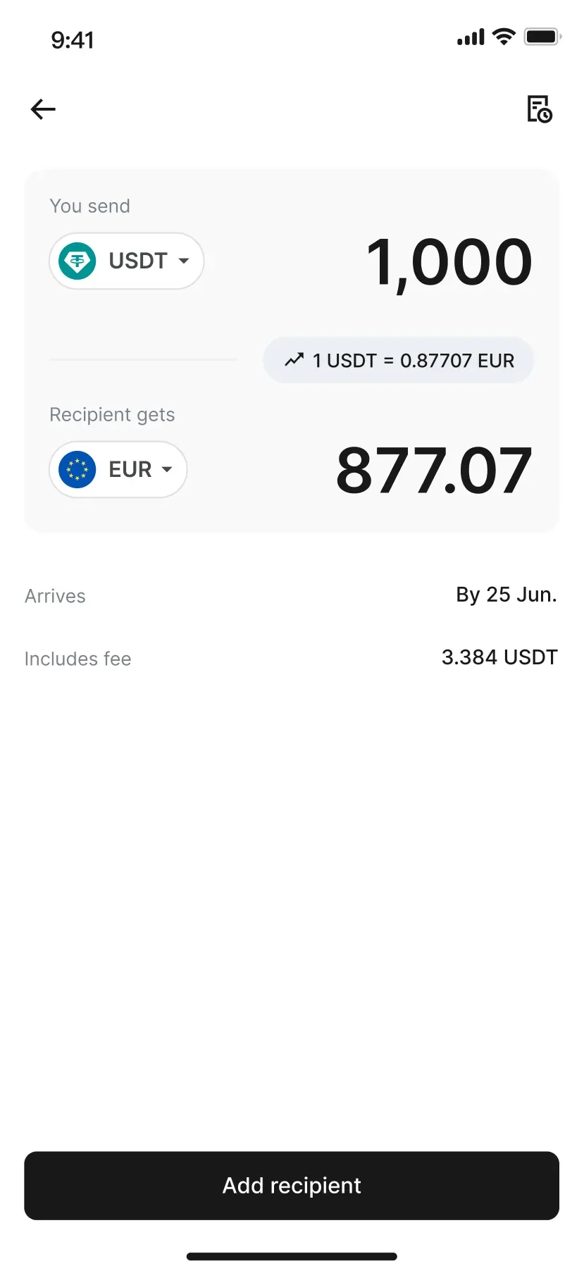 RedotPay illustration of the sending amount, exchange rate, recipient amount, fee and arrival estimate