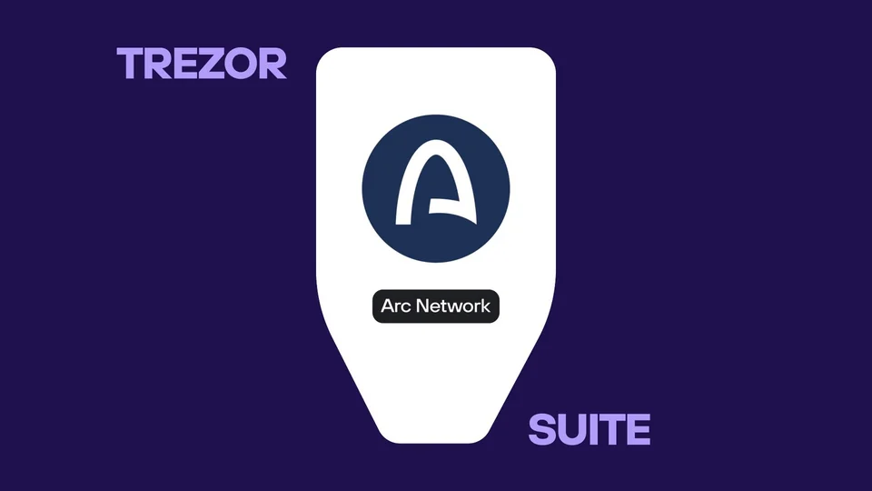 Trezor device screen showing the Arc Network logo between the words TREZOR and SUITE on a dark purple background