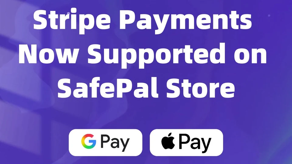 Purple SafePal card reading Stripe Payments Now Supported on SafePal Store, with Google Pay and Apple Pay badges