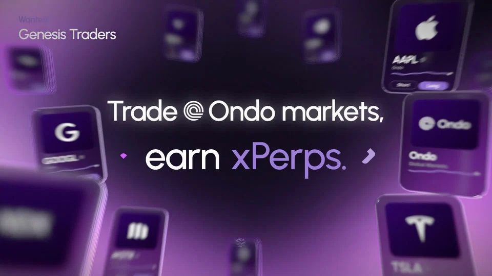 Purple background with floating market cards for Ondo, Apple, Tesla and Google and the words Trade Ondo markets, earn xPerps