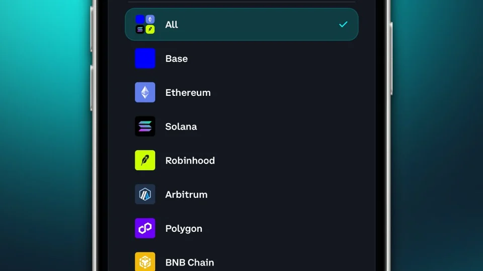 Coinbase Wallet chain selector listing Base, Ethereum, Solana, Robinhood, Arbitrum and Polygon