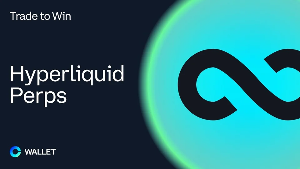 Coinbase Wallet graphic reading Trade to Win, Hyperliquid Perps, with the Hyperliquid infinity symbol on a glowing teal circle