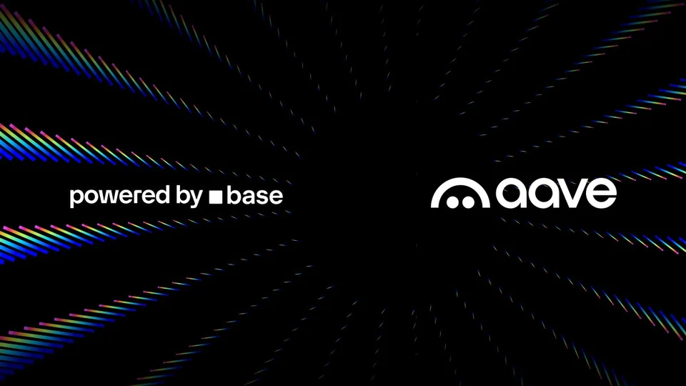 Aave logo next to the words ‘powered by base’ on a black background with streaks of coloured light