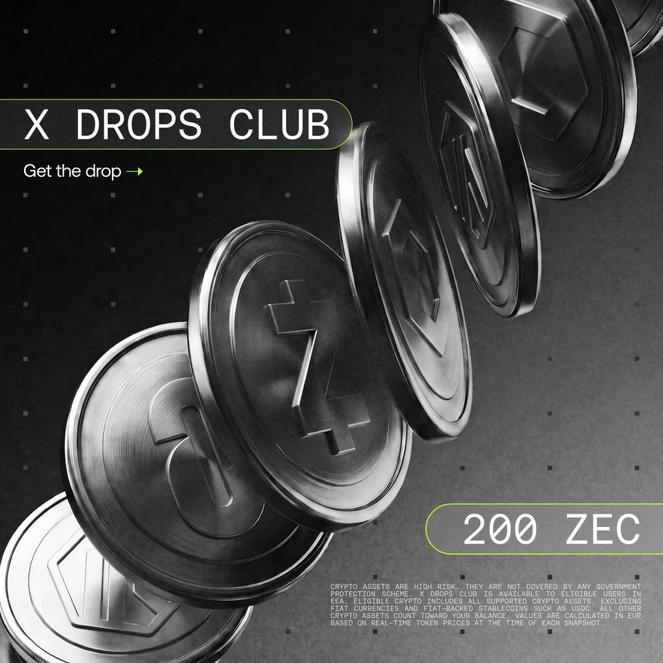 Silver coins including a Zcash coin cascading across a dark background with the words X Drops Club and 200 ZEC