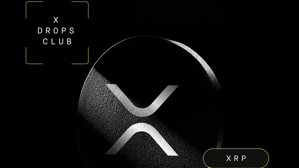 OKX X Drops Club artwork with a dark XRP coin and an XRP label on a black background