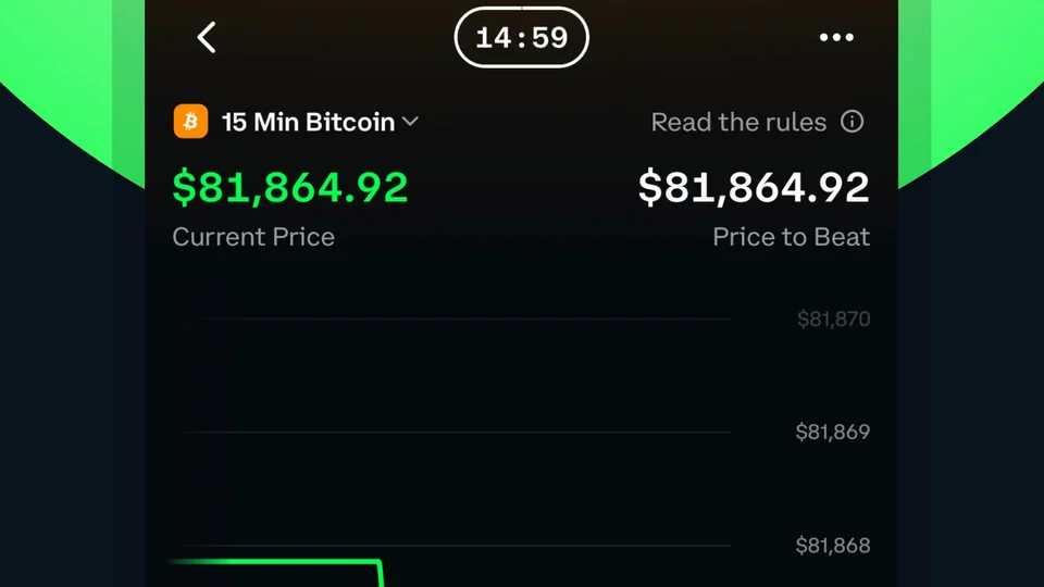 Coinbase Wallet screen for a 15 Min Bitcoin market: a 14:59 countdown, the current price, the price to beat and a link to read the rules