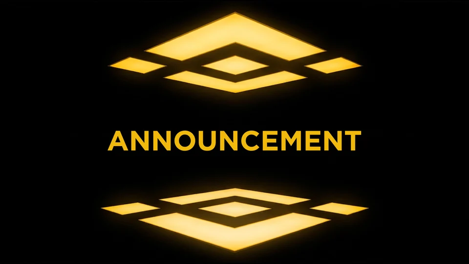 Binance announcement card with the word ANNOUNCEMENT in yellow between two glowing yellow diamond shapes on a black background