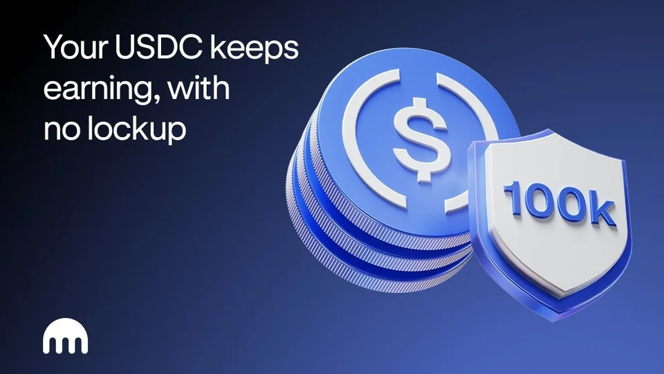 A stack of blue USDC coins next to a shield marked 100k, with the line Your USDC keeps earning, with no lockup