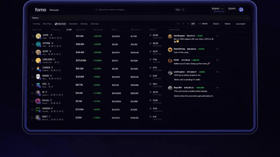fomo Discover page in a desktop browser, showing a token table with market cap, 24h change, price, volume and holders beside a Latest theses column