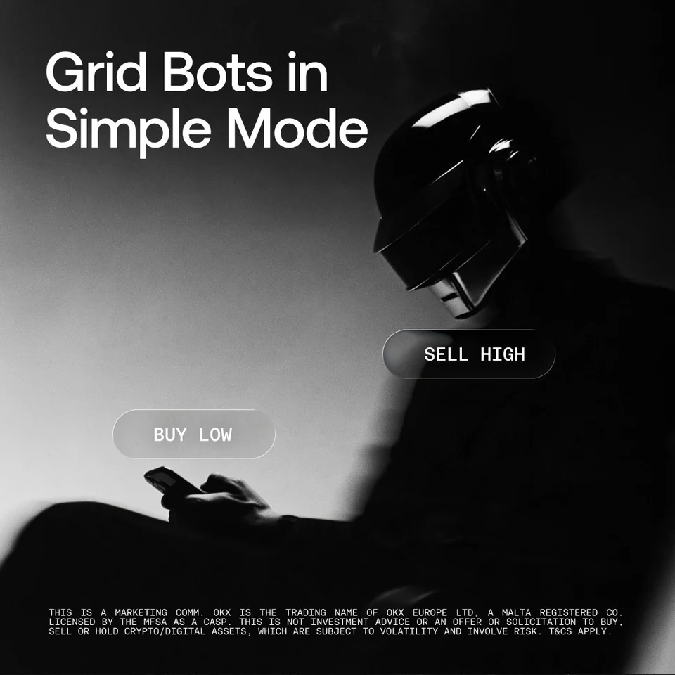 OKX graphic reading Grid Bots in Simple Mode, buy low, sell high