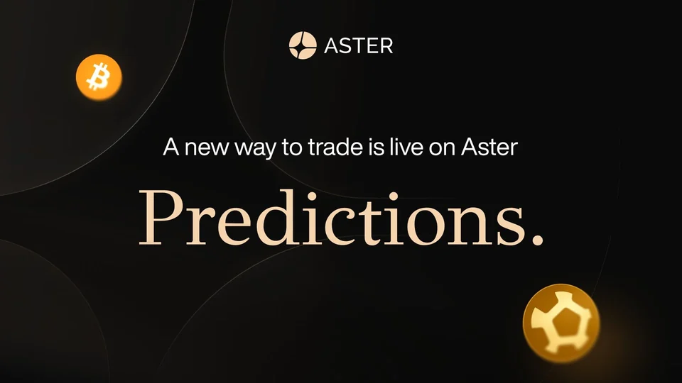 Aster graphic with the Aster logo reading A new way to trade is live on Aster, Predictions, on a dark background with gold coins