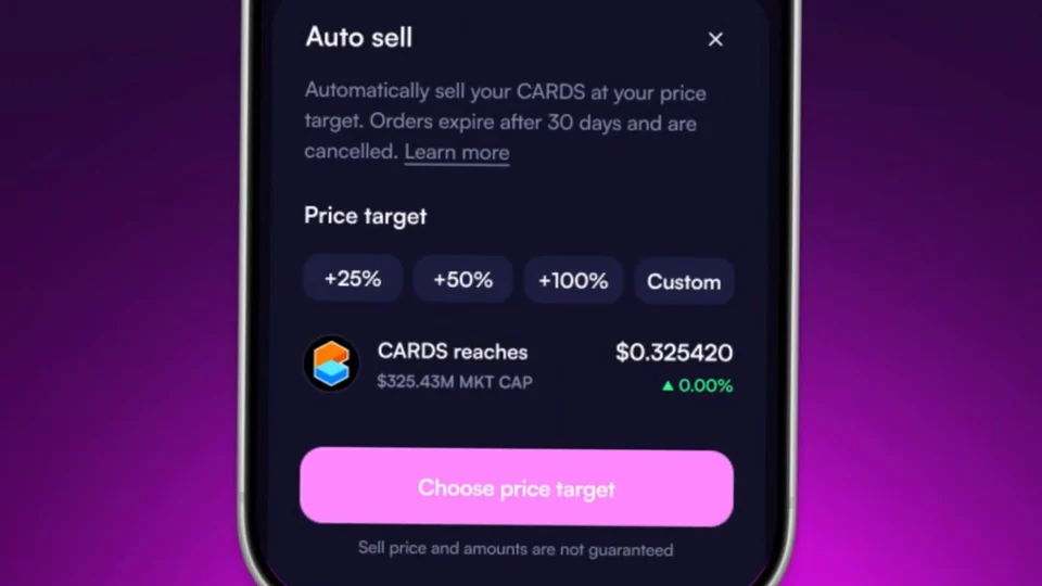 Moonshot Auto sell sheet with price-target options +25%, +50%, +100% and Custom, a CARDS target price and a Choose price target button