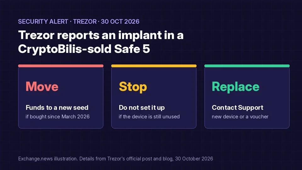 Dark illustration titled Trezor reports an implant in a CryptoBilis-sold Safe 5, with cards for moving funds to a new seed, not setting up unused devices and contacting Support for a replacement