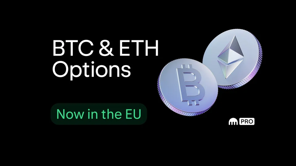 Silver Bitcoin and Ether coins on a black background next to the words BTC & ETH Options, a green Now in the EU label and the Kraken Pro logo