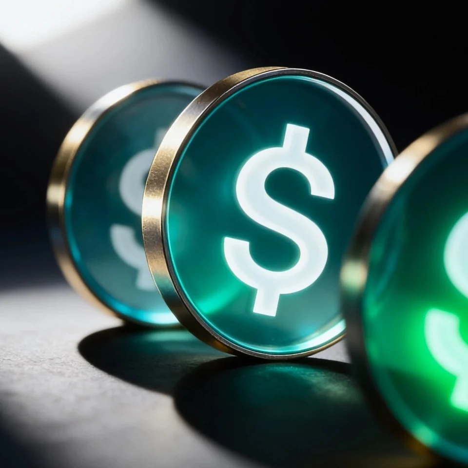 Teal glass coins marked with a dollar sign on a dark surface