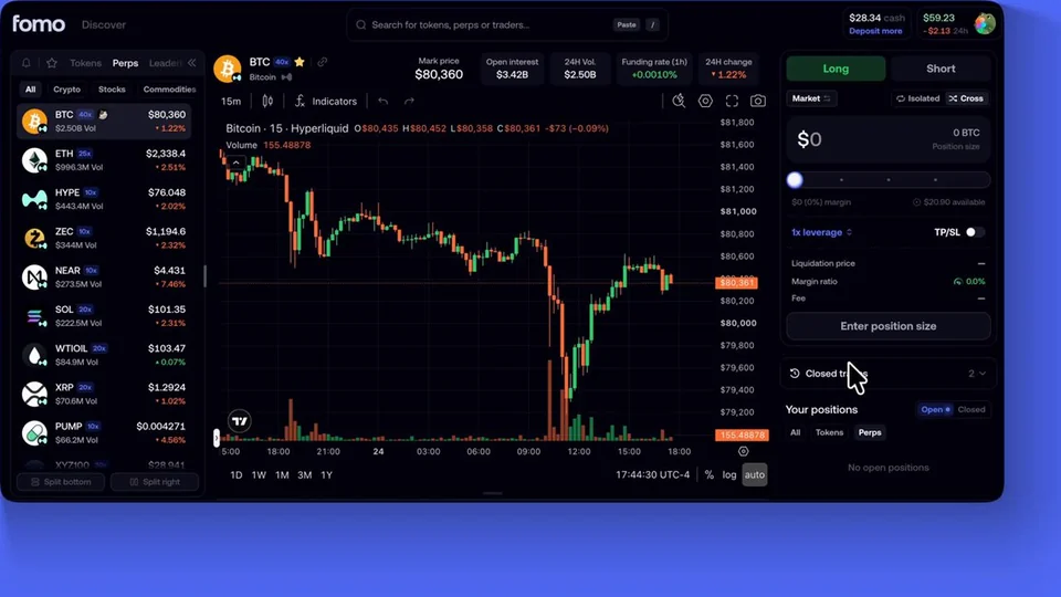 fomo web trading screen with a Bitcoin perpetual chart, market list and long and short order panel