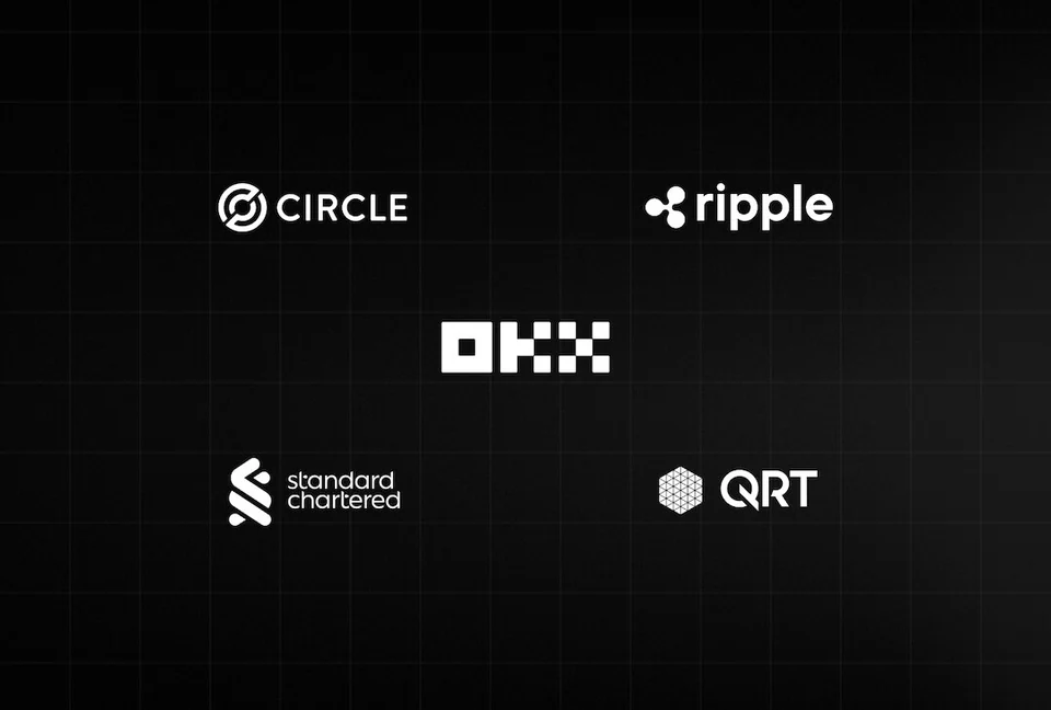 Official artwork showing the OKX logo with Circle, Ripple, Standard Chartered and QRT logos.