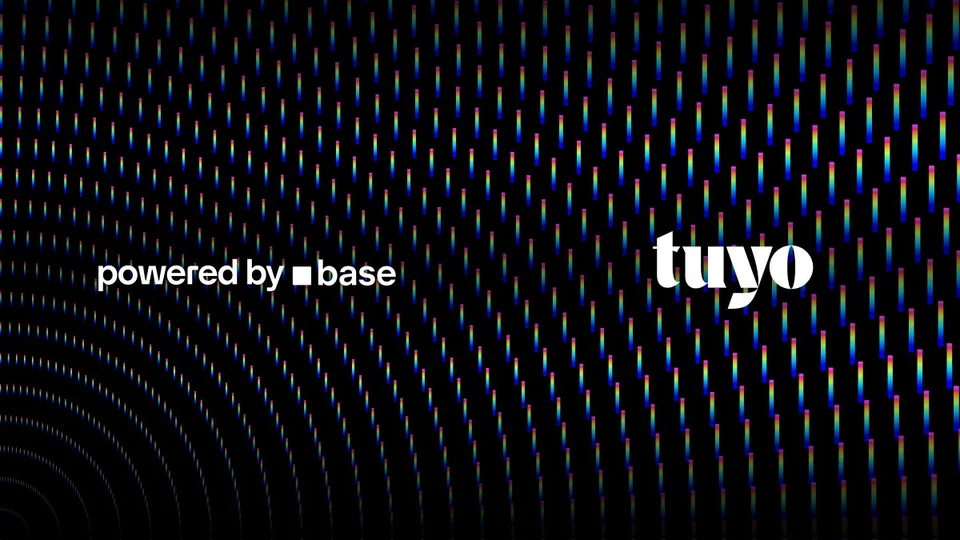 The Tuyo wordmark beside the words ‘powered by base’ on a black background with rainbow-coloured light streaks