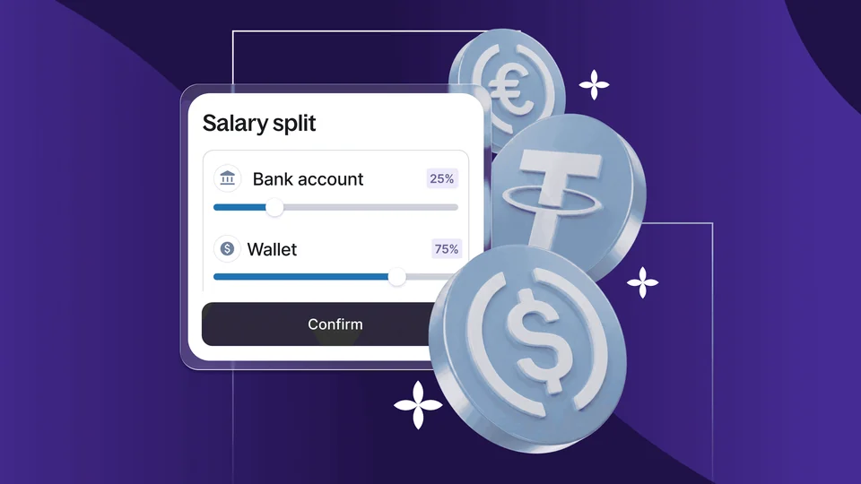 Deel illustration of a salary split screen dividing pay between a bank account and a wallet, next to large stablecoin tokens