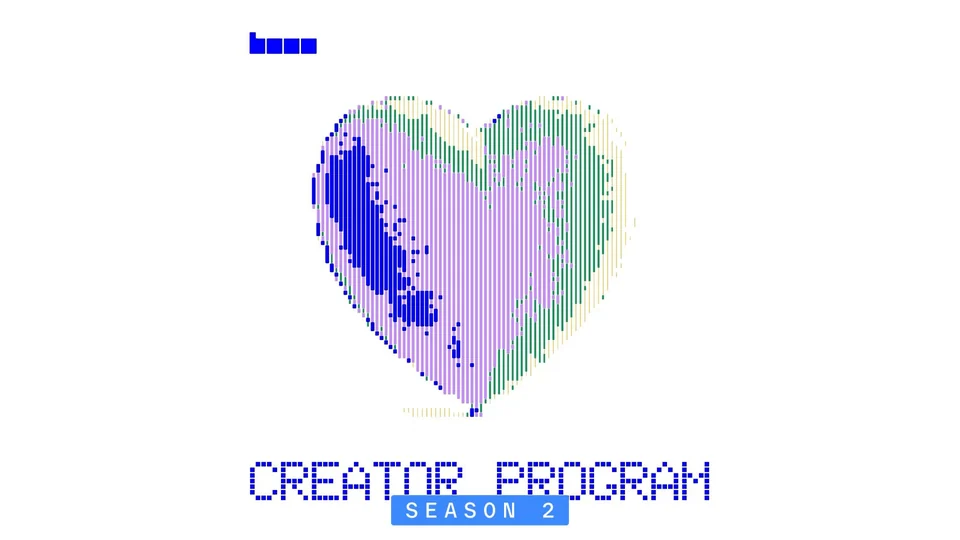 Pixel-art heart in purple, blue and green above the words CREATOR PROGRAM and a SEASON 2 badge, with the Base logo top left on a white background