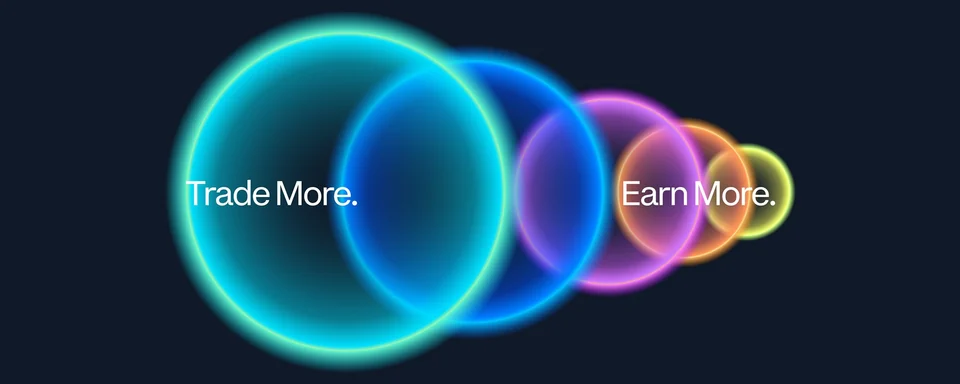 Glowing rings in shrinking sizes with the words Trade More. Earn More.