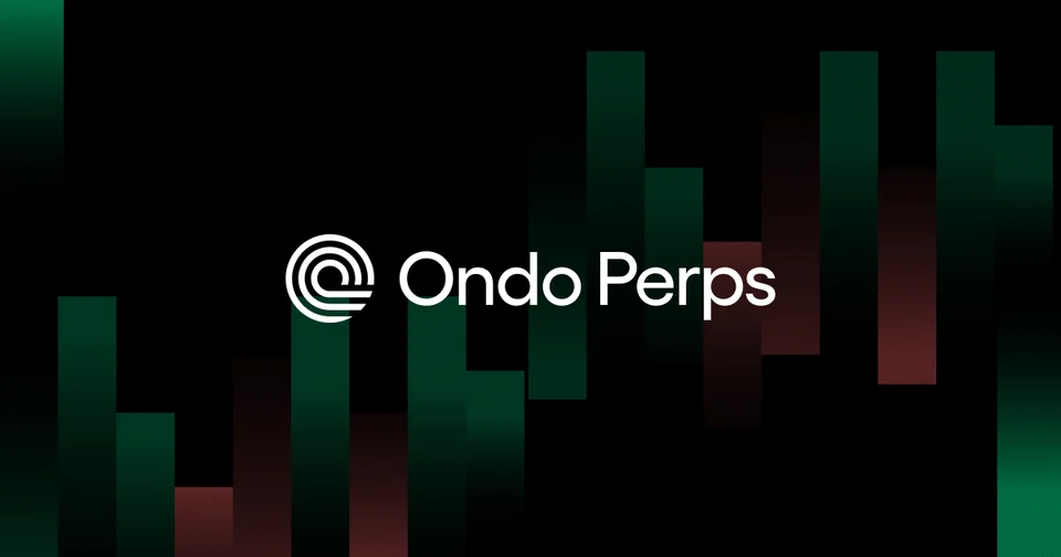 Ondo Perps wordmark on a dark green trading-chart background