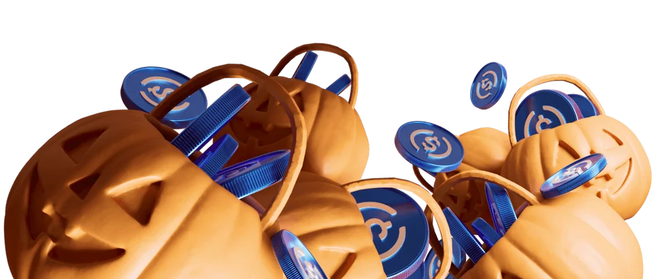 Orange jack-o’-lantern buckets overflowing with blue USDC coins