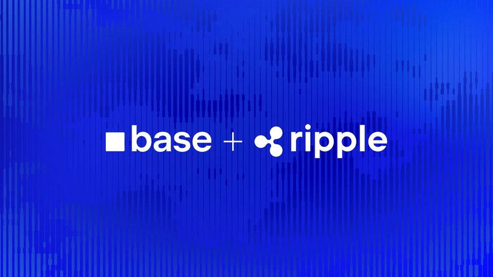 White base and Ripple logos joined by a plus sign on a bright blue background with faint vertical bars