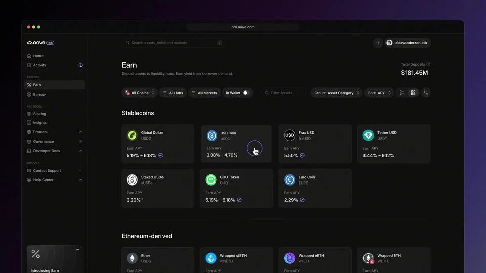 The Aave Pro Earn page in a browser window, listing stablecoins such as USDC and GHO with their earn APY ranges