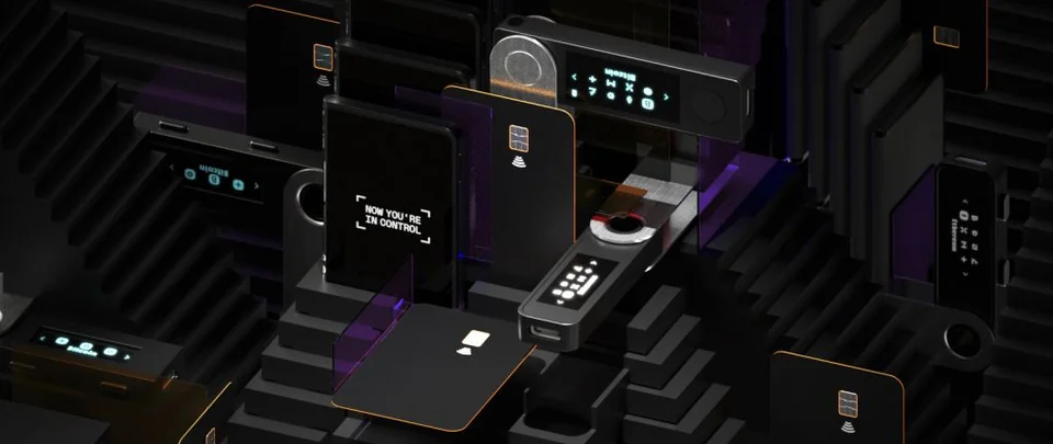 Ledger devices on dark podiums