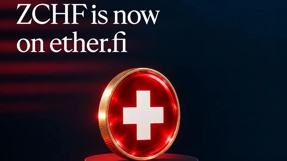A red coin with a white Swiss cross on a glowing pedestal and the text ZCHF is now on ether.fi