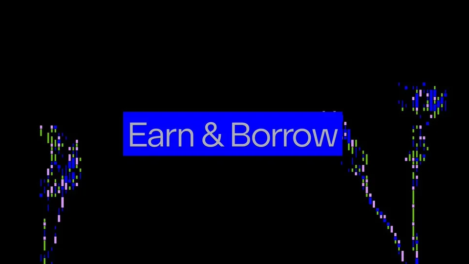 “Earn & Borrow” in a blue box over a black background with blue, green and pink chart bars