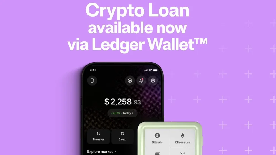 'Crypto Loan available now via Ledger Wallet' over a phone running Ledger Wallet and a green Ledger signer on a purple background