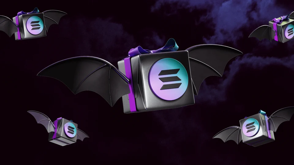 Gift boxes marked with the Solana logo flying on bat wings across a dark purple night sky
