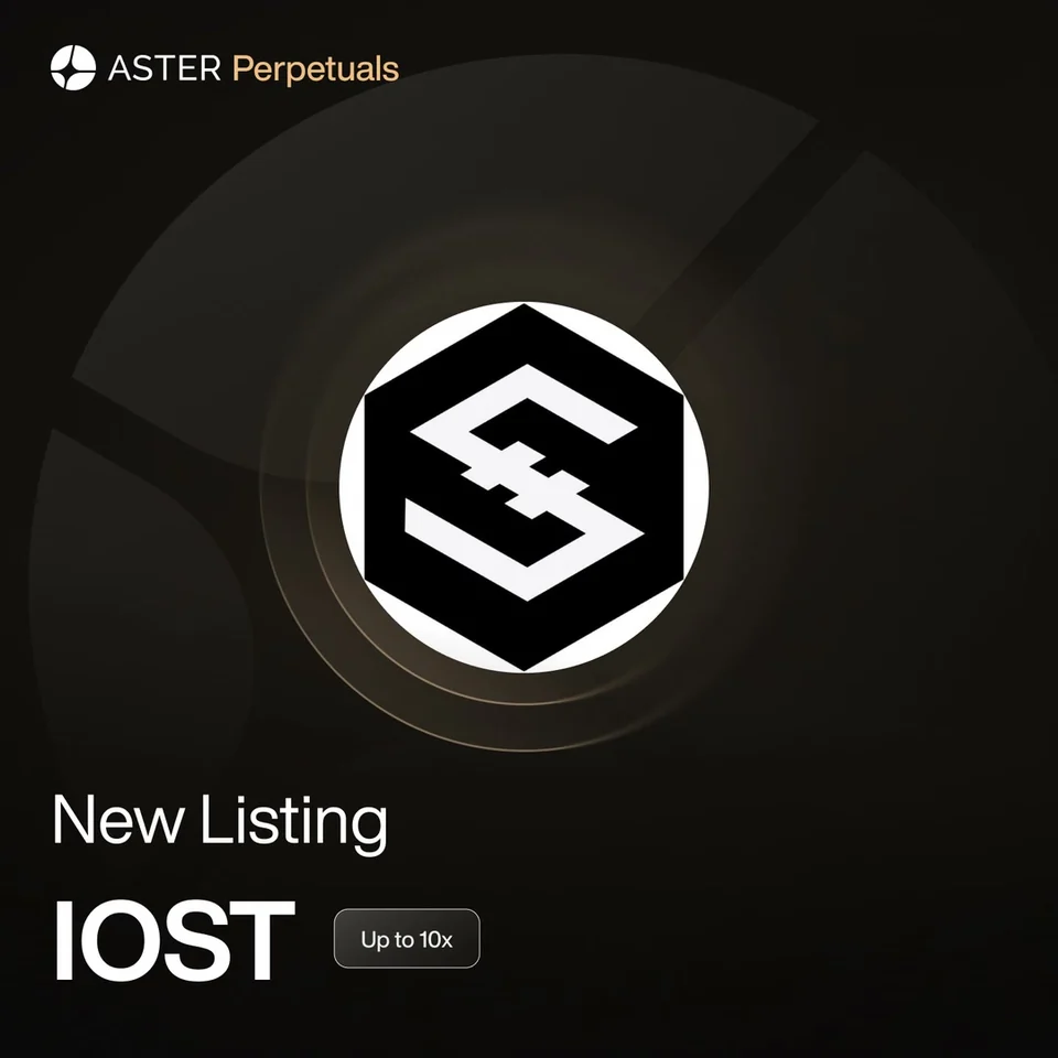 Aster Perpetuals card with the IOST logo and the words New Listing IOST, Up to 10x