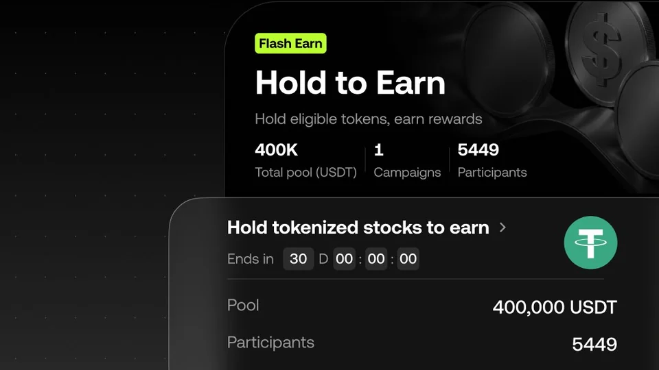 OKX Flash Earn Hold to Earn card showing a 400,000 USDT pool for holding tokenized stocks, on a black background