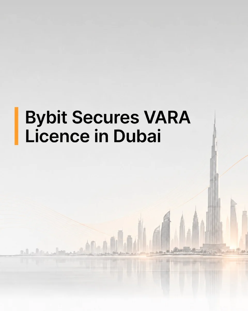 Light grey graphic with the headline Bybit Secures VARA Licence in Dubai above a pale Dubai skyline with the Burj Khalifa