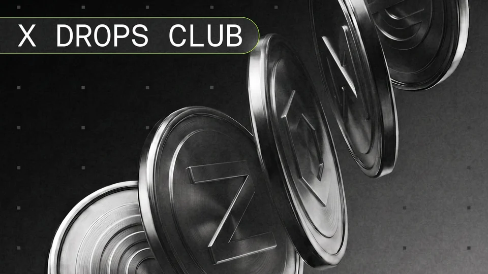 Silver coins including a coin marked Z cascading across a dark grey background with the words X Drops Club