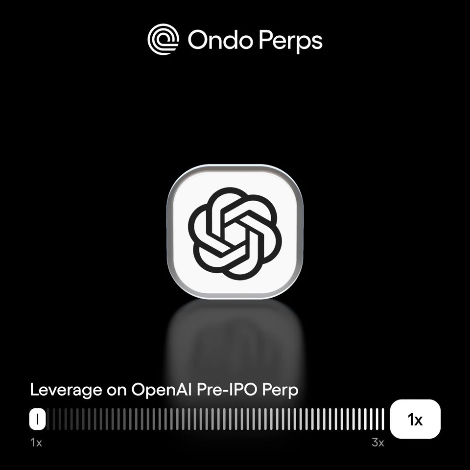 The OpenAI logo on a white tile under the Ondo Perps logo, above a slider labelled Leverage on OpenAI Pre-IPO Perp running from 1x to 3x