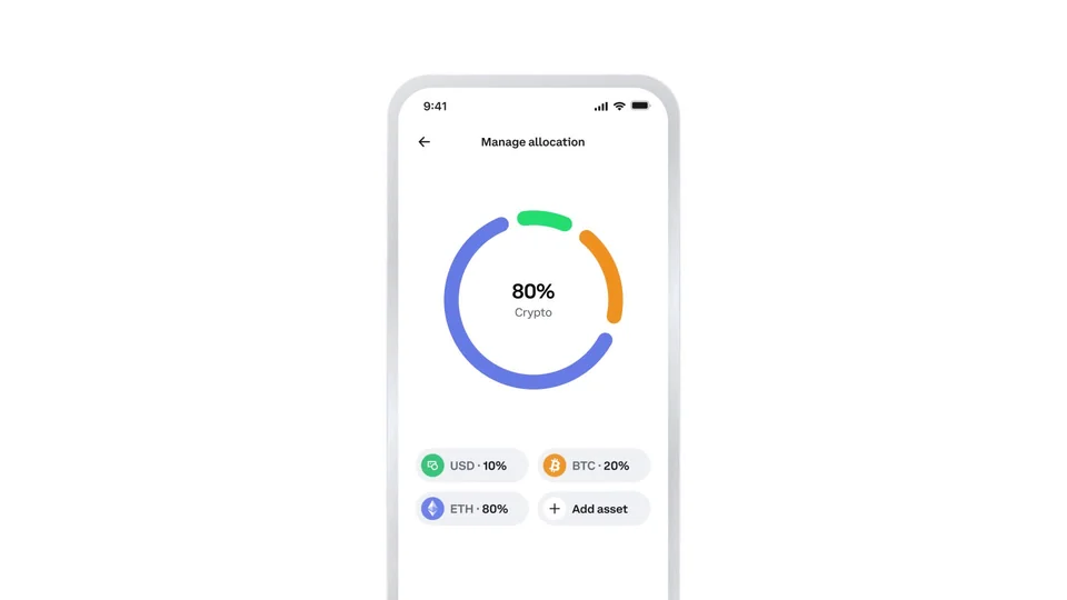 Coinbase app mockup on a white background showing the Manage allocation screen, a ring reading 80% Crypto and chips for USD, BTC and ETH with an Add asset button