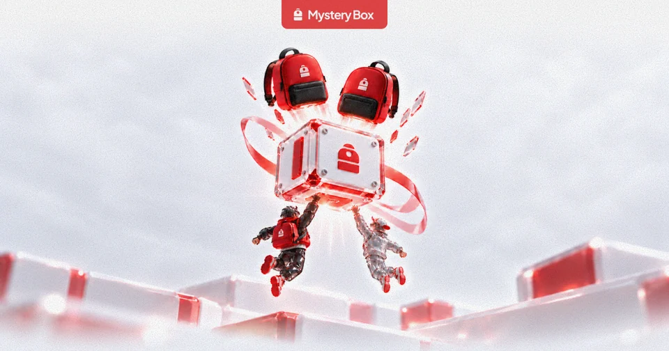 Two figures leaping towards a glowing Backpack mystery box flanked by two red backpacks, under a Mystery Box label