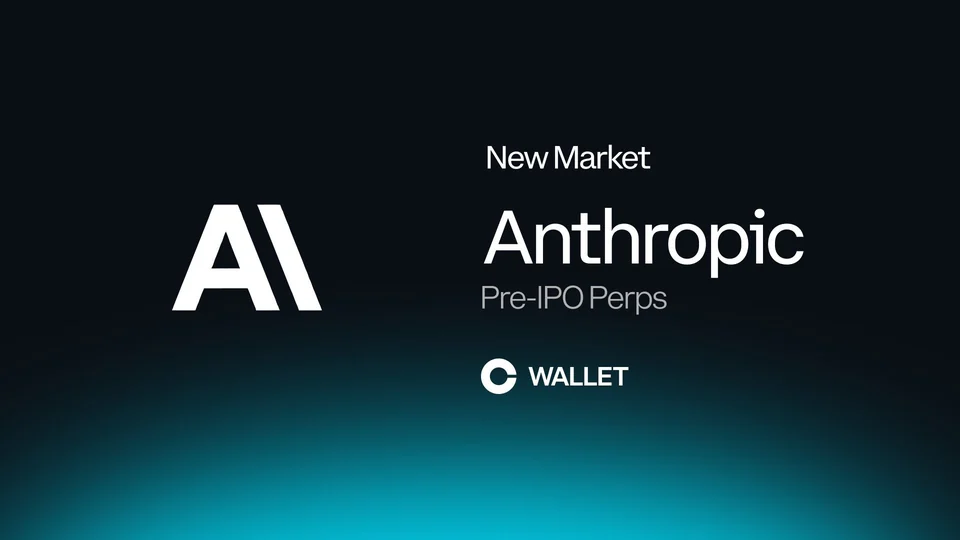 Coinbase Wallet graphic on a dark background with a teal glow reading New Market, Anthropic, Pre-IPO Perps, with the Anthropic logo on the left and the Coinbase Wallet logo below