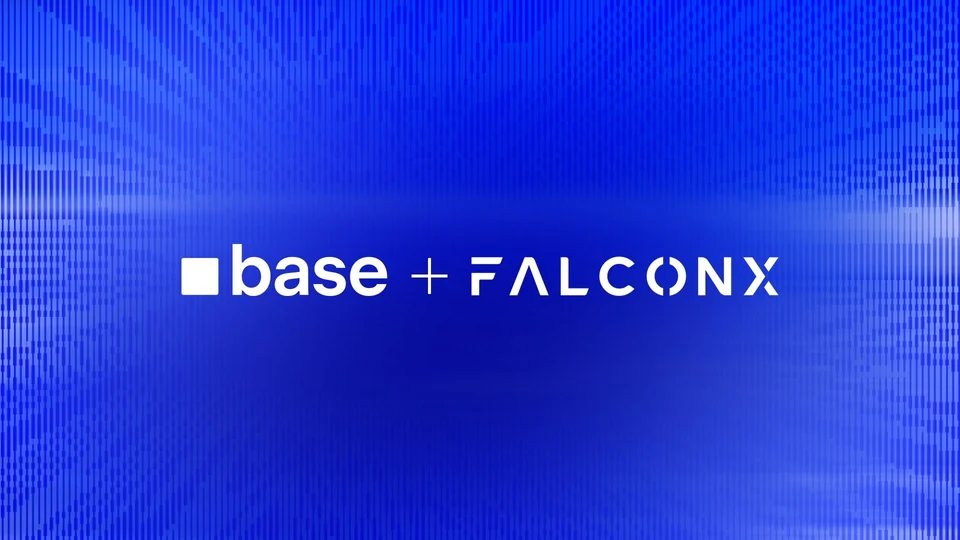 Blue card with the base and FalconX logos joined by a plus sign