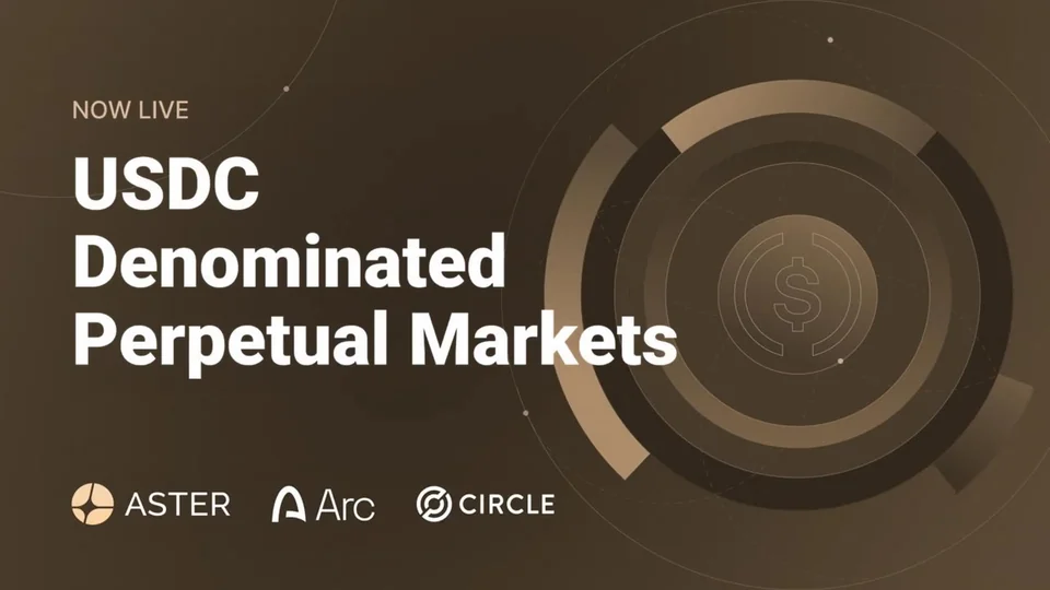 Text reading Now live, USDC Denominated Perpetual Markets beside a USDC coin graphic, with Aster, Arc and Circle logos