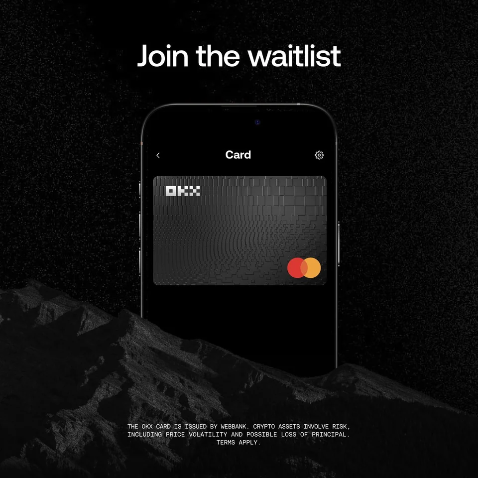 OKX card image reading Join the waitlist, showing a black OKX Mastercard on a phone screen